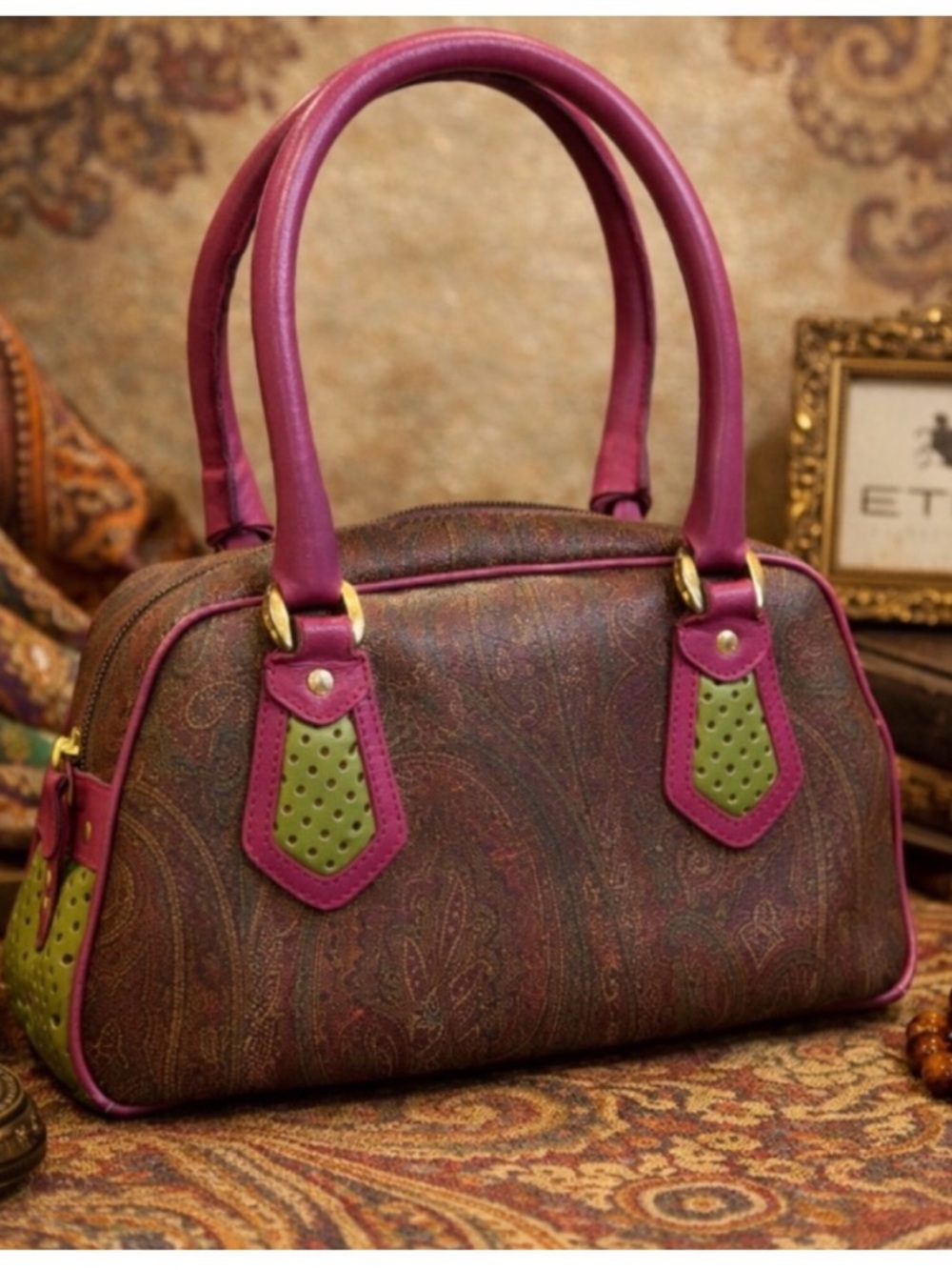 ETRO Stylish Purple & Green Paisley Print Canvas Coated & Leather BOSTON BAG